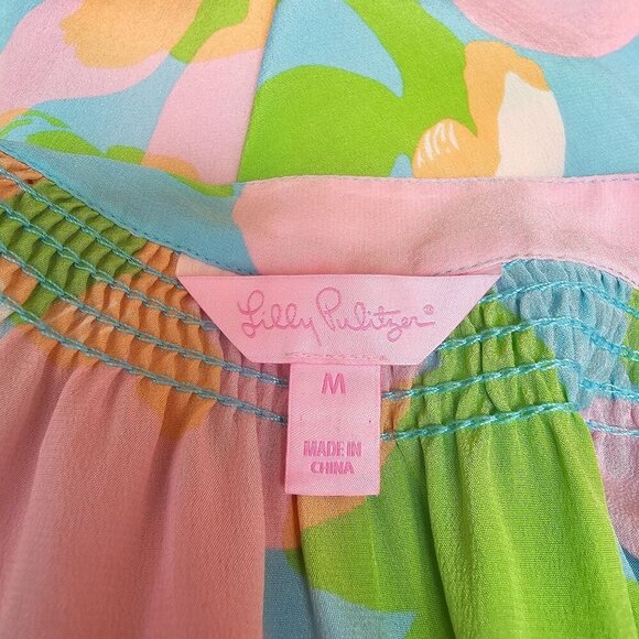 100% Silk Lilly Pulitzer Houston Top, Sorely Blue Mojo, Size Medium, Flaw - Picture 3 of 12